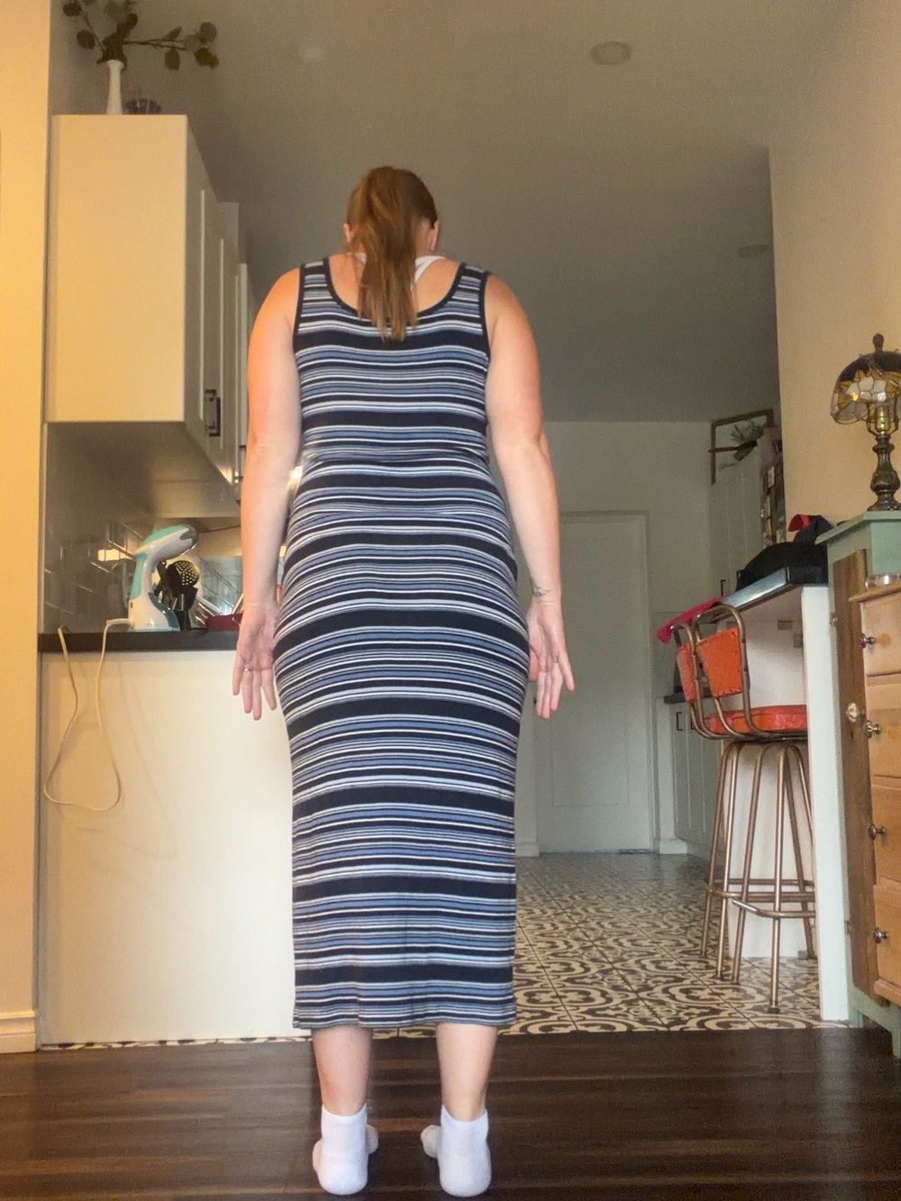 90s vintage Sleeveless Striped Maxi Dress - Navy/Gray - Picture 13 of 15